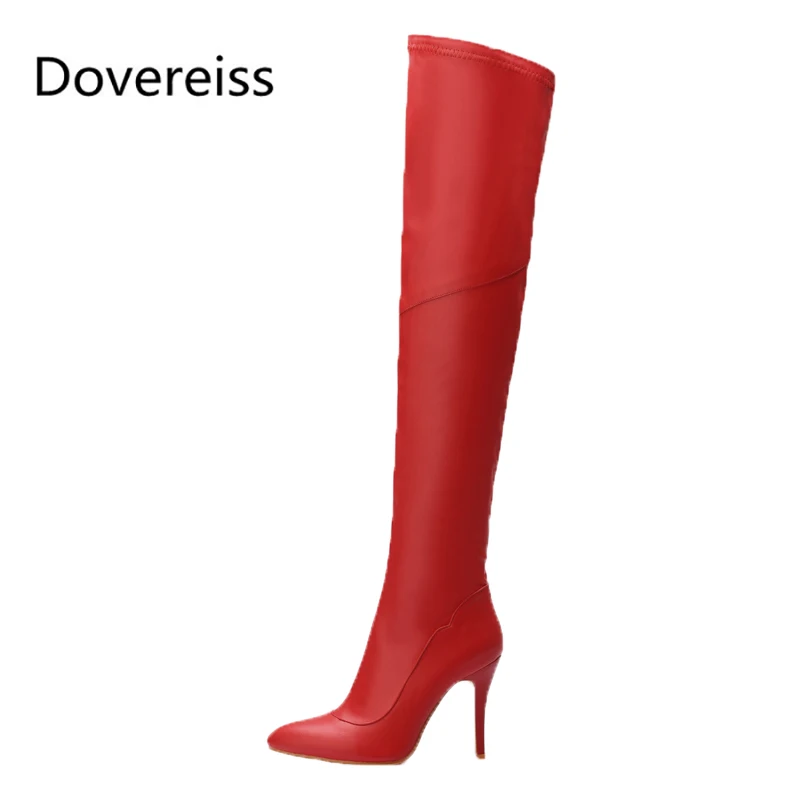 

Dovereiss Fashion Women's Shoes Winter New Pointed Toe Stilettos Heels Sexy Elegant Red Over The Knee Boots Concise Mature 44 45