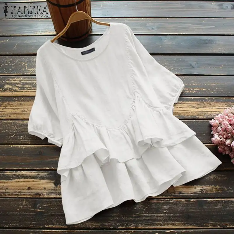 

Women Spring Solid Shirt ZANZEA Vintage O Neck Short Sleeve Blouse Fashion Blusas Bohemian Tops Loose Ruffles Chemise Oversized