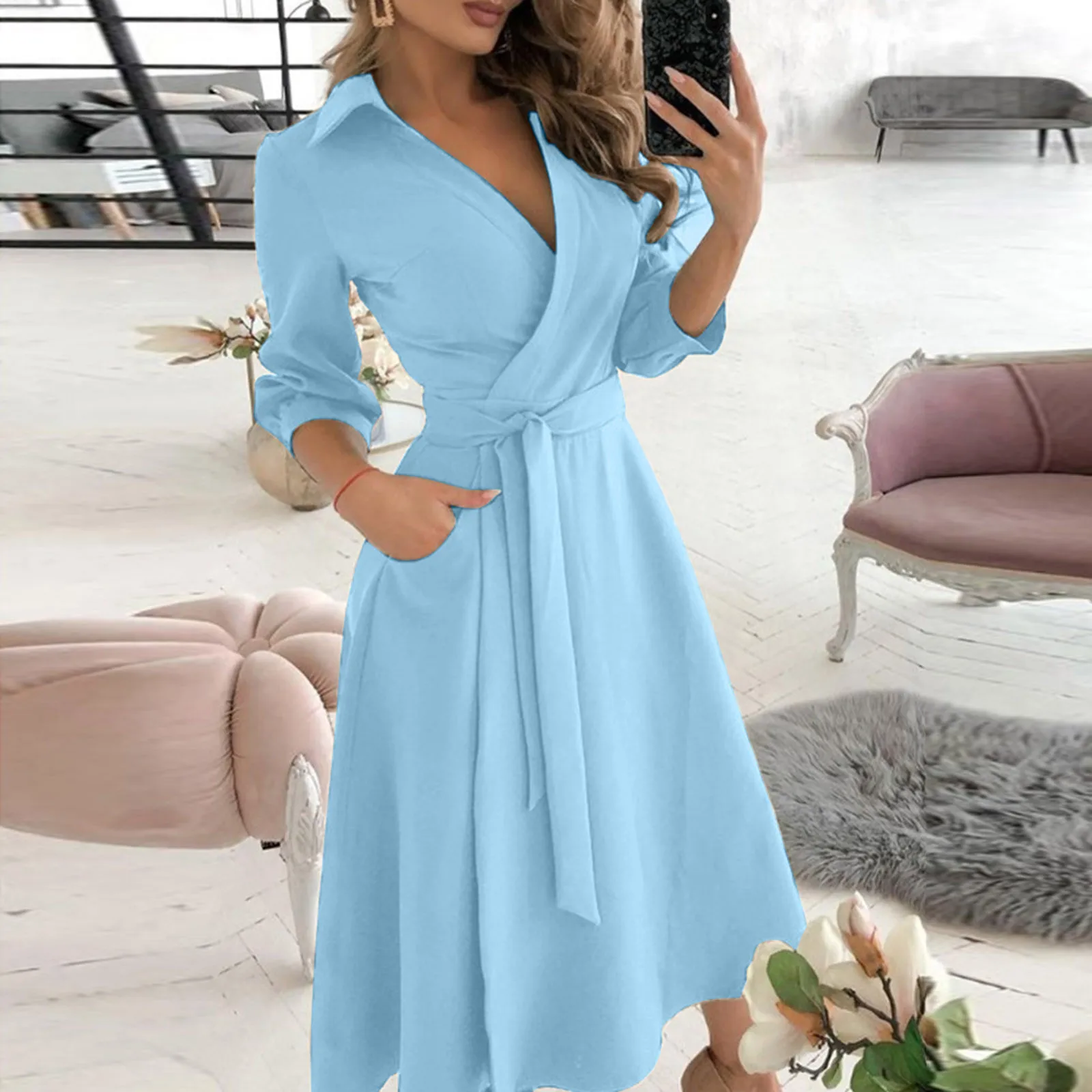 

Women Fashion Lace Up Solid Color Pocket Summer Dresses Sexy V-Neck Slim Body Wrap Midi Dress Elegent Business Work Dress