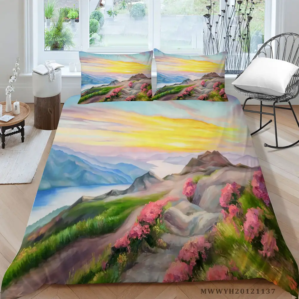 

Mountains Print Bedding Set For Girls Artistric Floral Duvet Cover Set King Queen Twin Full Single Double Bed Set Nature