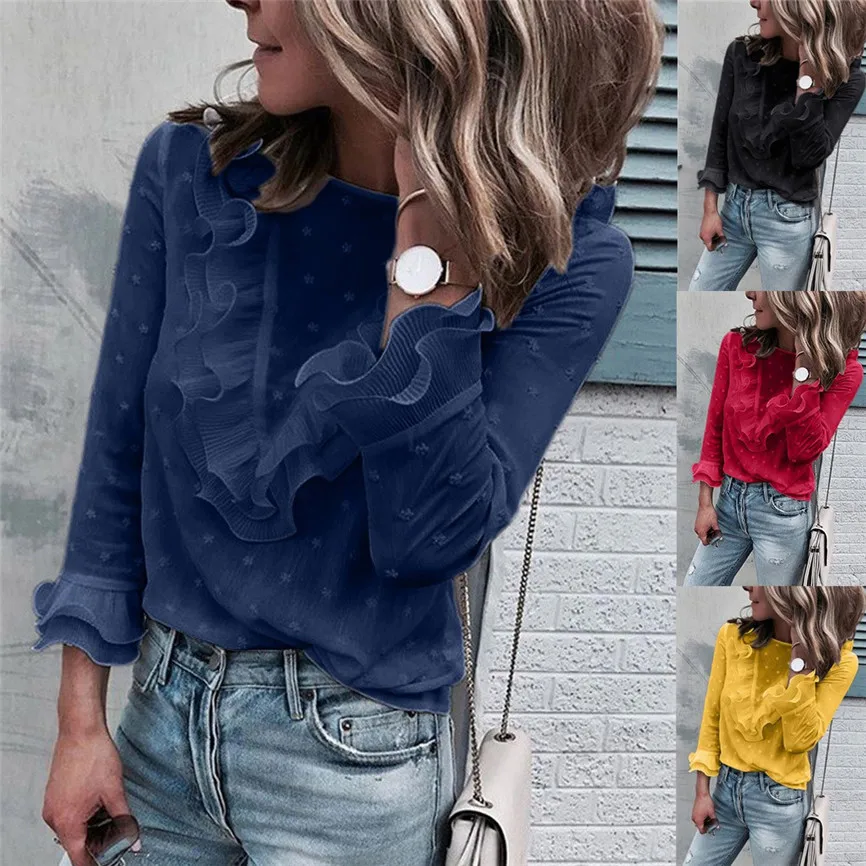 Женские рубашки с длинным рукавом женские повседневные кружевные в горошек