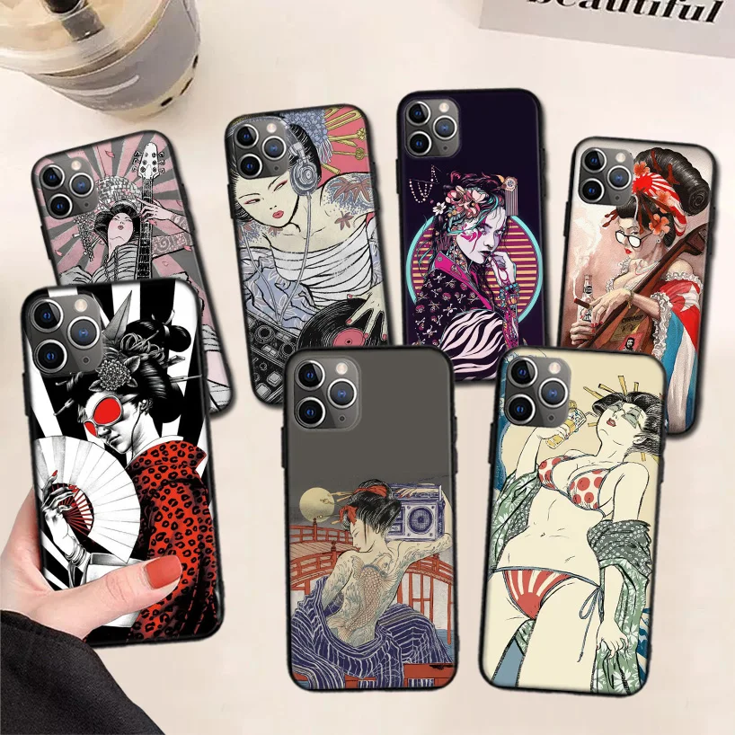 

Japanese Fashion Art Kimono Tattoo Black Phone Case For Apple iPhone 11 13 Pro Max 12 Mini X XS XR 7 Plus 6 6S 8 + SE 5S Pattern