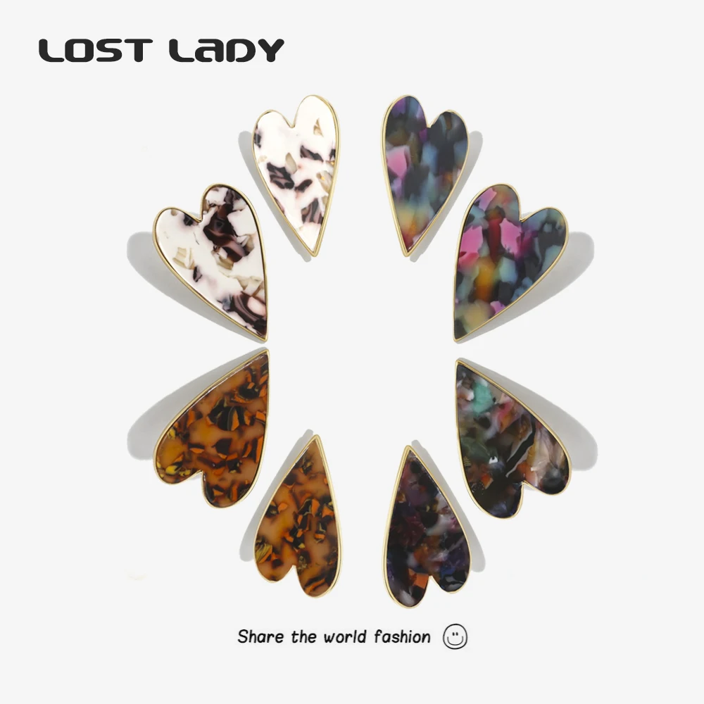 

Lost Lady New Fashion Multicolor Heart Stud Earrings For Women Acetic acid board Statement Earrings Wholesale Jewelry Party Gift