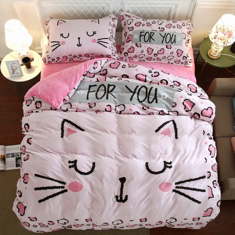 

Swan Winter fleece bedding set AB side girl duvet cover dog flannel fleece cartoon 3/4pcs home bed set printed caroset bed linen