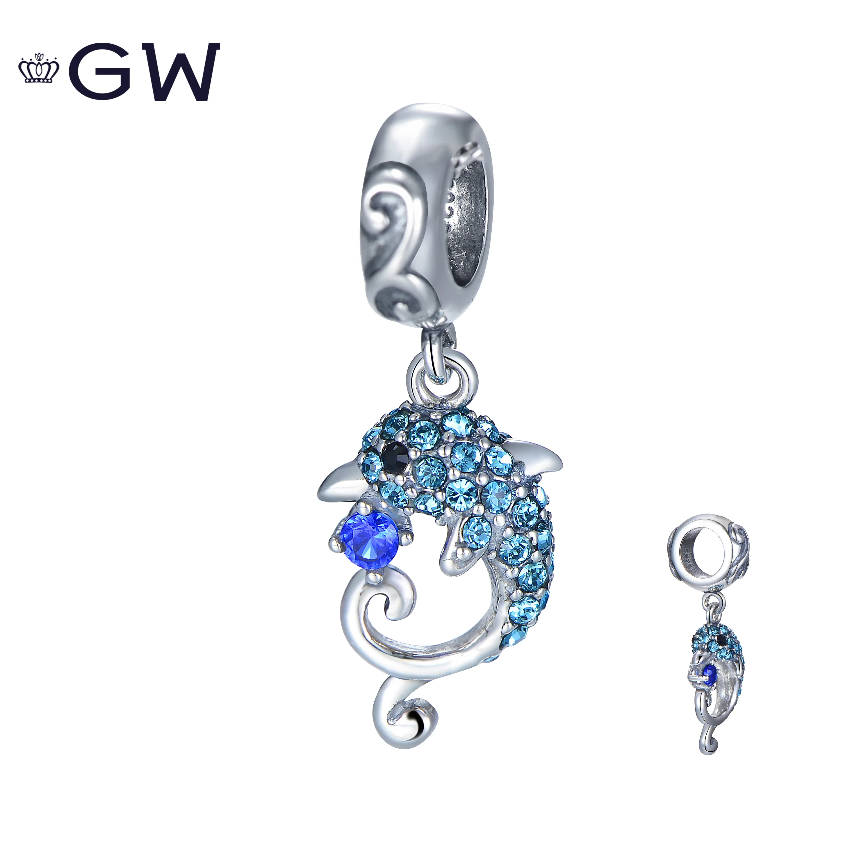 S925 Серебряные Подвески из бисера Голубой дельфин Whit блестящий кулон Fit
