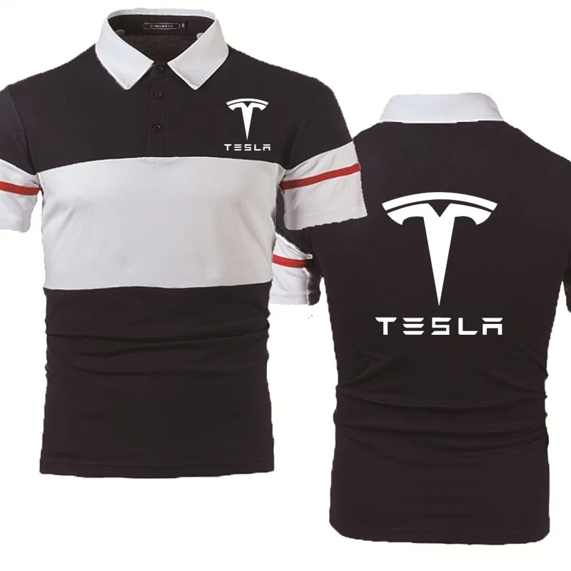 

2021NEW Summer Men's polo shirt Tesla Car Logo Printed High Quality Pure cotton Splicing casual Men's short sleeve