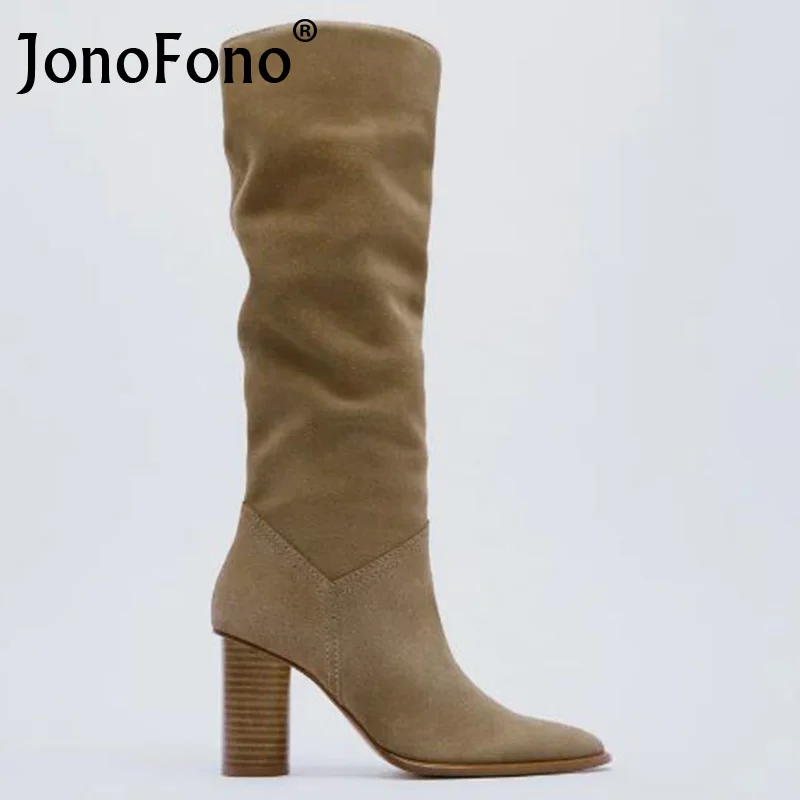 

JonoFono Women High Heel Boots Flock Ins Knee Boots Women Strange Heel Winter Women Shoes Party Footwear Size 34-42