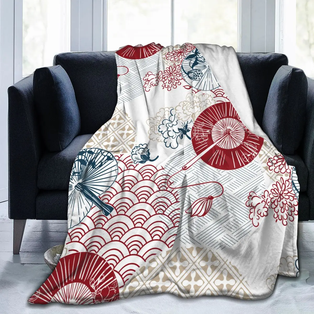 

Flannel Blanket Japanese Red Blue Fans Flower Soft Thin Fleece Blanket Bedspread Cover for Bed Sofa Home Decor Dropship