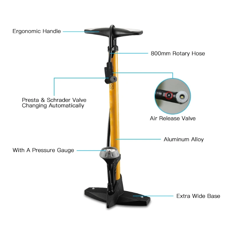 

High Pressure 160 PSI-Bike Floor Pump - Presta Val-ve Bike Pump Automatically Switches to Schrader - Bicycle Pump