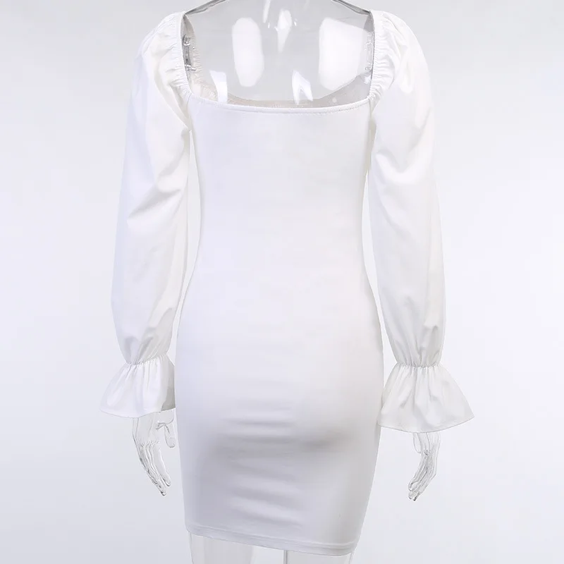 

Womens Autumn Long-sleeved Dress Fashion Solid Color Pleated Lace up Square Collar Bodycon Slim Skinny Short Mini Dress