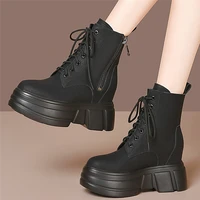 lace up platform pumps shoes women genuine leather high heel riding boots female high top round toe winter warm fashion sneakers