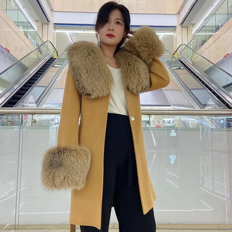

Real Fur Coat Women Natural Fox Fur Collar Female Autumn Winter Long Warm Outwear High Quality