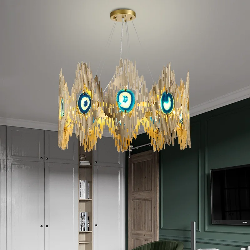 LUKLOY Современный золотой потолочный люстра светильник из агата с освещением на светодиодах, подвесная лампа для внутреннего освещения столовой.