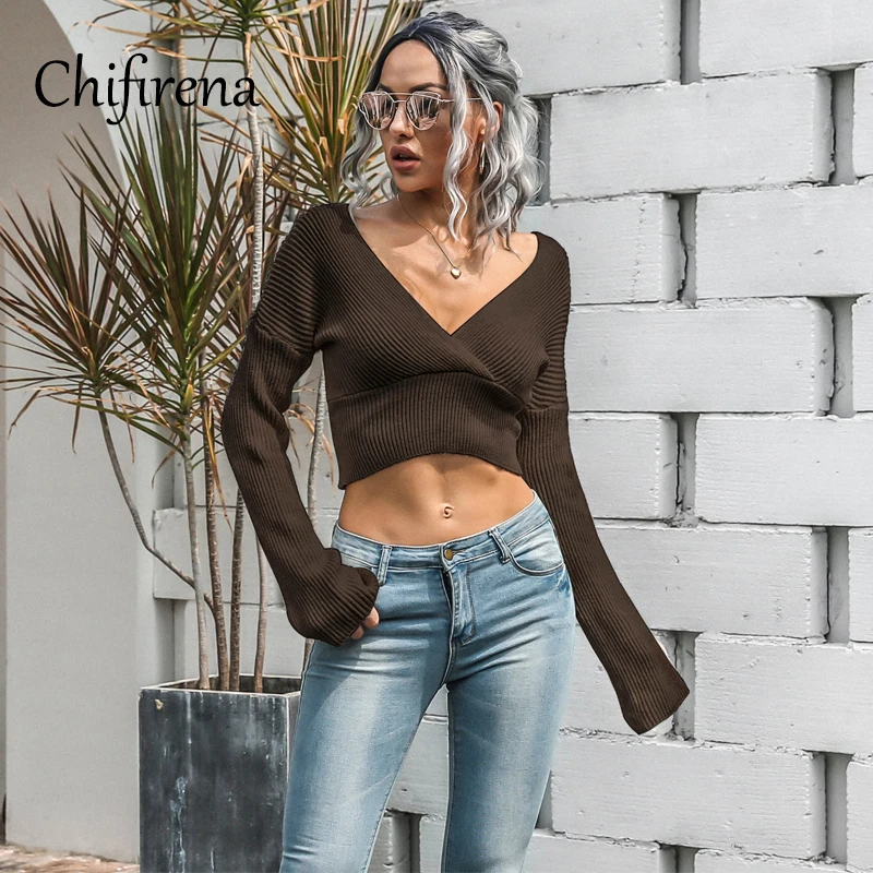

Chifirena Sexy V Neck Flare Sleeve Sweater Women Rib Knitted Exposed Navel Tops 2020 Autumn Winter Pullovers Sweater Woman White