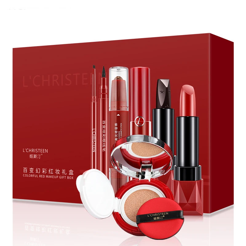 

Red Box Makeup Cosmetic Set Lipstick Air Cushion CC Cream Eyeliner Complete Set of Light Makeup Gift Box for Novice Students