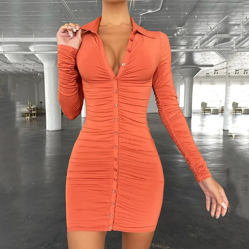 

New Summer Slim Women's Dresses Vintage Bodycon Single-breasted Autumn Female Dress Simply Ruched Y2K Ladies Clothing Nice