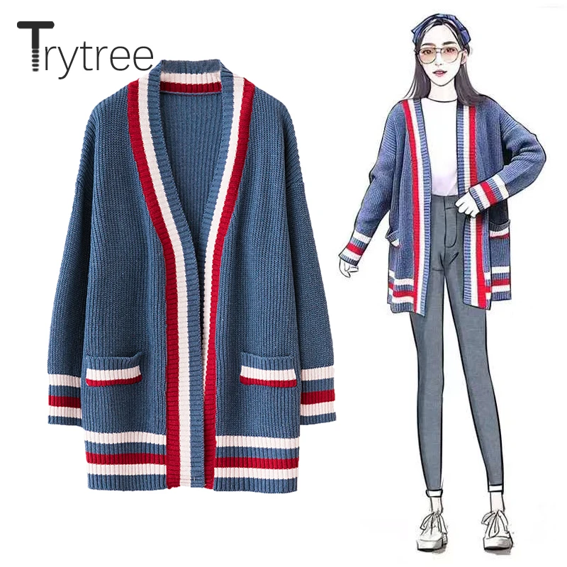 Trytree Winter Women Casual Sweater V-neck Knitting Patchwork Cardigans 4 Colour Fashion Computer Knitted Loose |