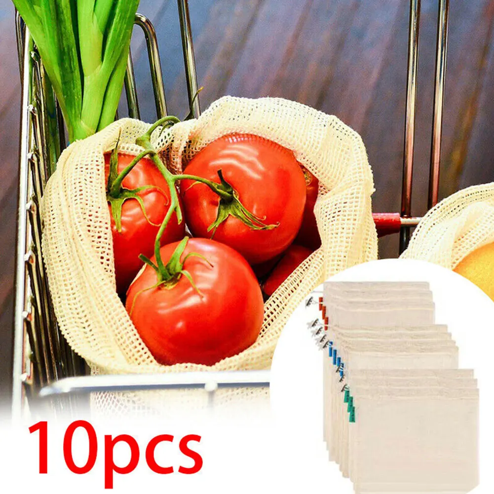 

10pcs Travel Reusable Vegetable Organizer Grocery Washable Mesh Bag Portable With Drawstring Shopping Storage Fruit Produce Toys