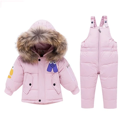 pink Одежда для девочек с буквенным принтом в русском стиле; зимний комплект одежды для мальчиков; детский меховой лыжный костюм; куртка с капюшоном и комбинезон; детский зимний комбинезон - Цвет: pink