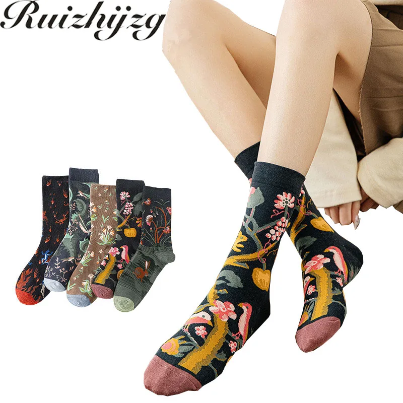 

Ruizhijzg Socks Women Retro Cotton Print Japanese Style Breathable Sock