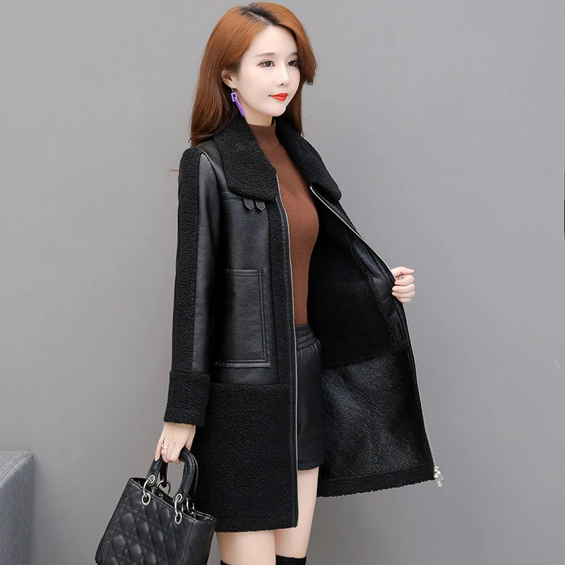 Women Leather Coat Autumn Winter Fashion Thicken Warm Jacket Flocking Sheepskin Suede Overcoat Mid-length Outerwear Female