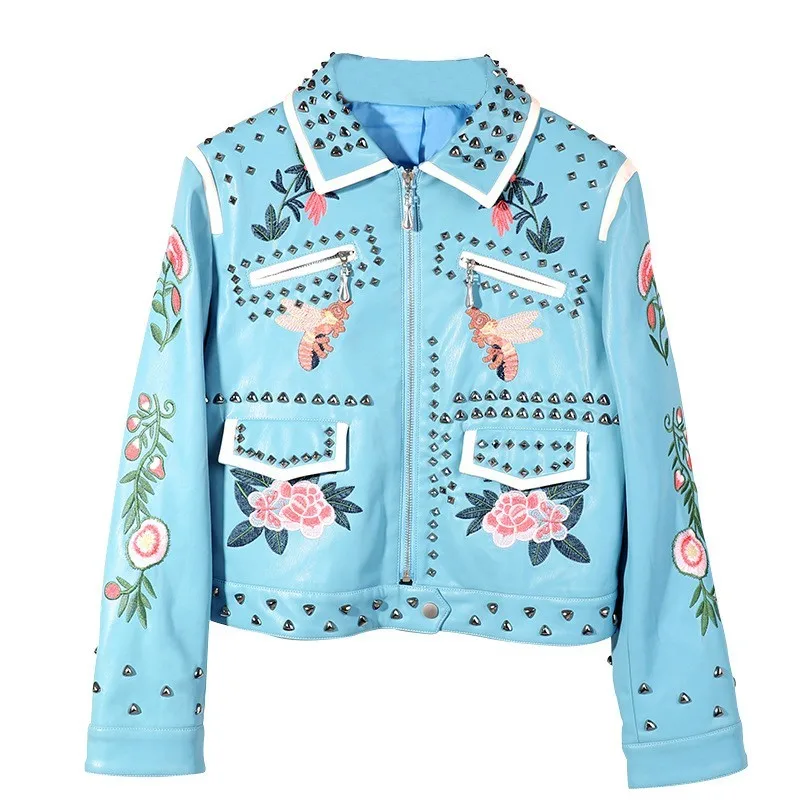 Designer Autumn Winter Slim Fit Womens PU Leather Jackets High Street Rivet Embroidery Moto Biker Female Short Coats Plus Size | Женская