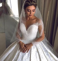 luxury illusion crystal beads satin wedding dress 2021 long sleeve lace plus size arabic dubai bridal gowns vestido de mariage