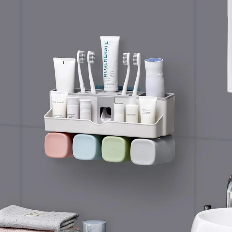 

Wall Suction Toothpaste Squeezer Automatic Toothpaste Dispenser Toothbrush Holder Bathroom Accessories Storage Rack with Cups