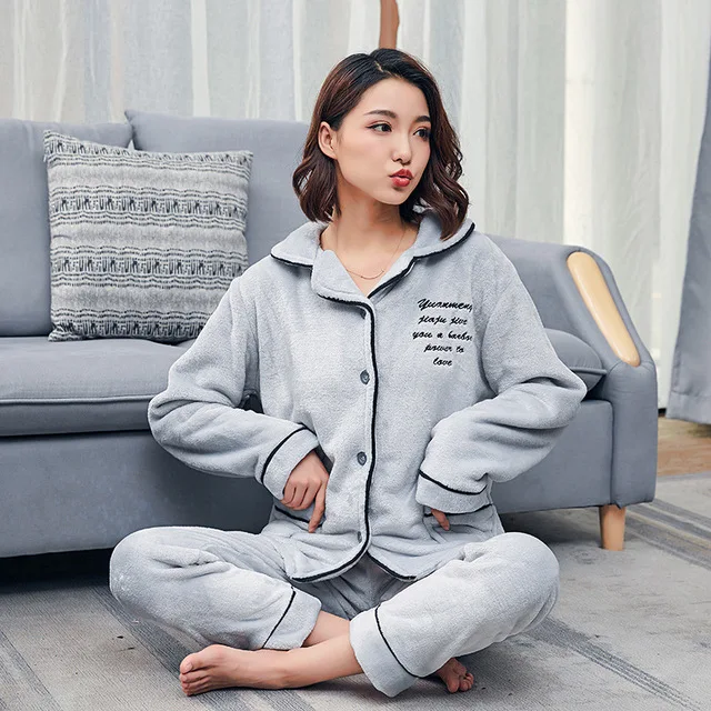 Winter Flannel Pajamas Sets Womens Fleece Sleepwear Home Clothing Thick Warm Coral Velvet Female Nightgown Suit Pajama Autumn