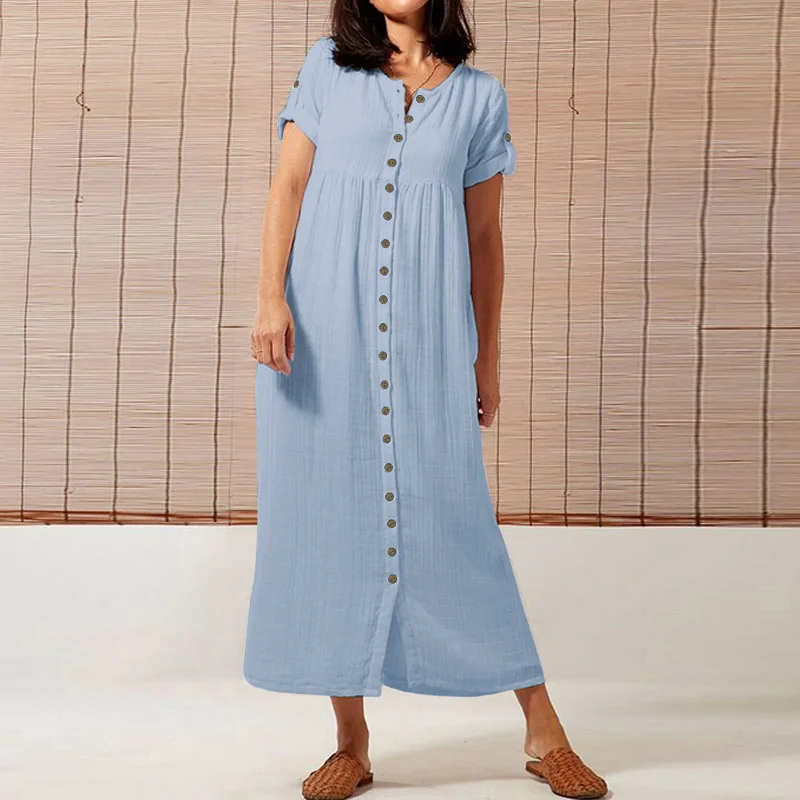 Light Blue Женское винтажное платье размера плюс, лето, длинные платья с коротким рукавом, повседневные, свободные, на пуговицах, одноцветные, вечерние, Макси платья - Цвет: Light Blue