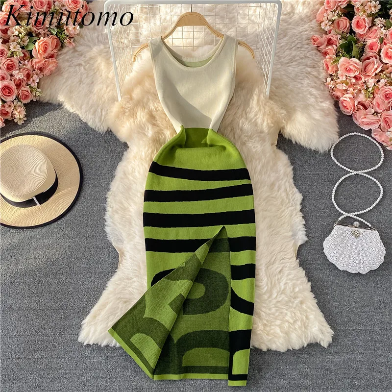 

Kimutomo Vintage Striped Knitted Dress Women 2021 New Summer Female O-neck Sleeveless Slim Waist Sweet Split Vestido Casual