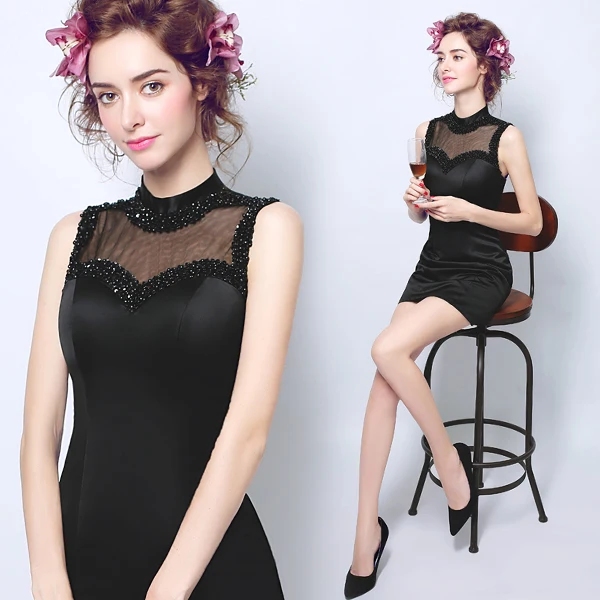 Special Offer~Simple Style Beading Stand Neck Formal Black Dress 258