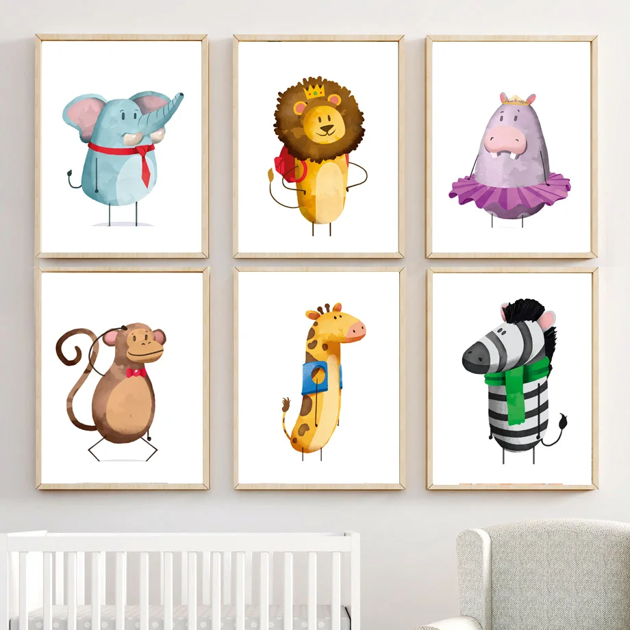 

Cartoon Elephant Lion Giraffe Zebra Monkey Nordic Posters And Prints Wall Art Canvas Painting Wall Pictures Baby Kids Room Decor
