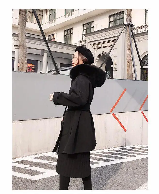 Корейское длинное кашемировое пальто с настоящим бренд Fox Fur Trim Hoodie теплое плотное пальто с большими карманами женская верхняя одежда зимнее пальто