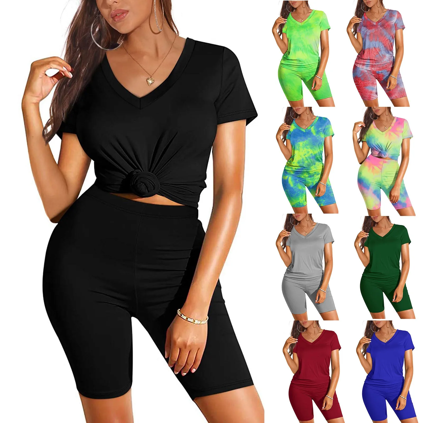

Two Piece Set Women Tracksuit Fitness Full Sleeve Loose Crop Top Biker Shorts Sweat Suits Lounge Wear Pure Color Summer Clothes