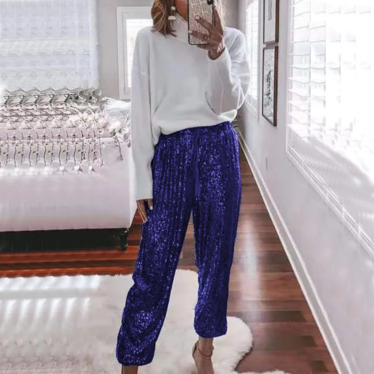 

Summer Sequined Shining Loose Pants For Women Full Pant Women Mid Waist Club Night Lady Wide Leg Trousers 2021 Fashion Clothing