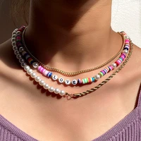layered rainbow letter clay beaded necklace for women metal link chain asymmetry baroque pearl choker love boho vacation jewelry