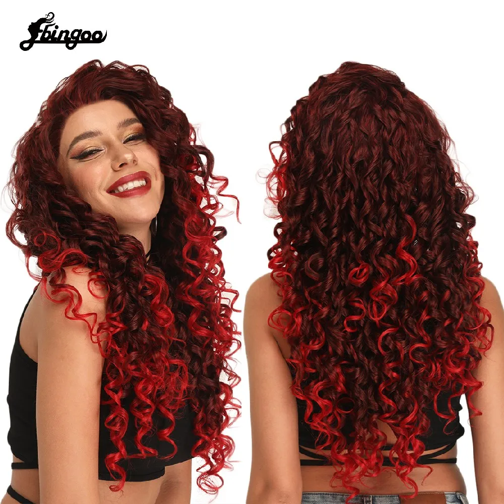 Ebingoo 13*2.5 Lace Long Afro Kinky Curly Synthetic Lace Front Wigs Ombre Red Wig with Widow Peak Heat Resistant Fiber for Women