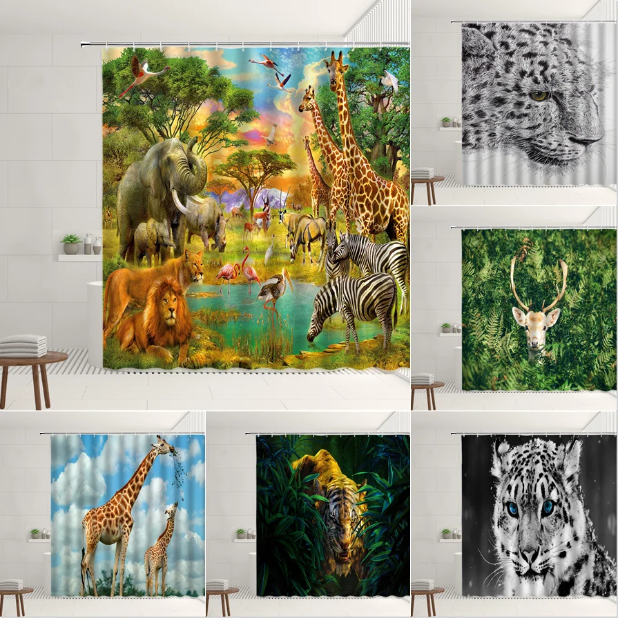

Wild Animal Shower Curtain Set Ferocious Tiger Leopard Elephant Giraffe Zebra Flamingo Bird Forest Stream Bathroo Bathtub Screen