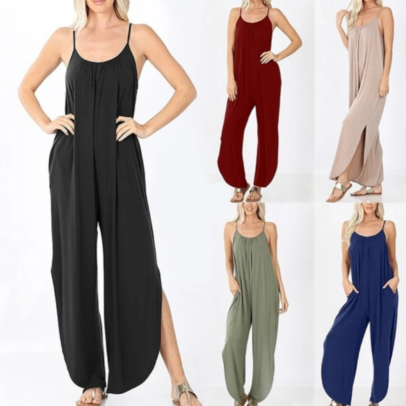 

Women's Jumpsuit 2020 New O-neck Sleeveless Sling Fashion Loose Large Size one-piece women's Solid Color Elegant Jumpsuit