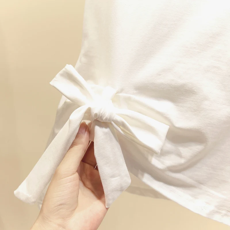 

Loose Women's White Bowknot Lace-up T-shirt Summer 2021 New Korean Fashion Sweet Cotton Irregular Tees Top Oversized T Shirt