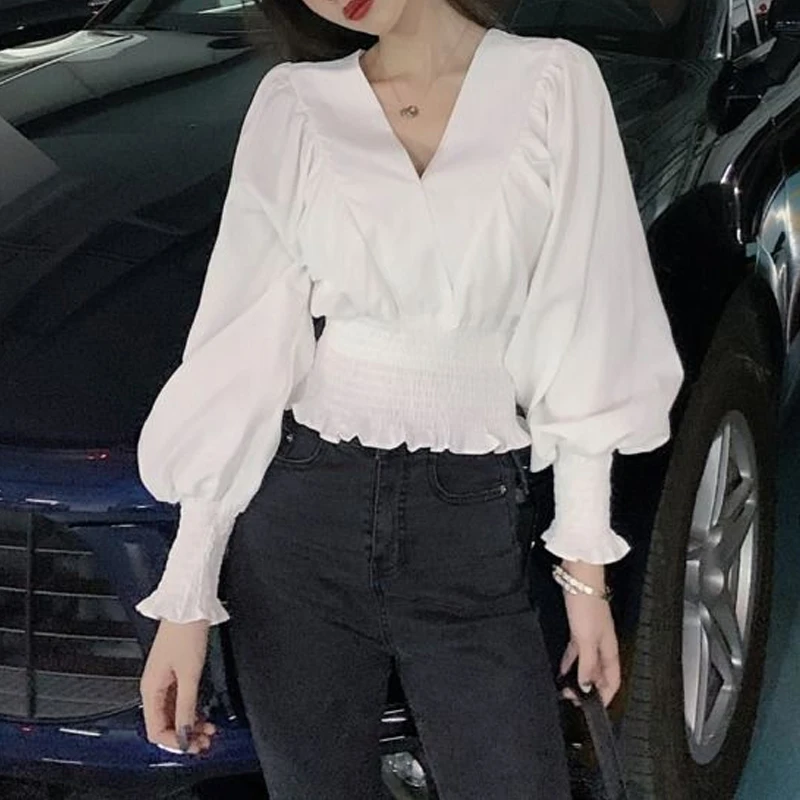 

Summer Fashion Casual Short Blouse Tops Women Girl Spring V neck Lantern Sleeve Soild Color Relax Elastic Waist Blouses Shirt