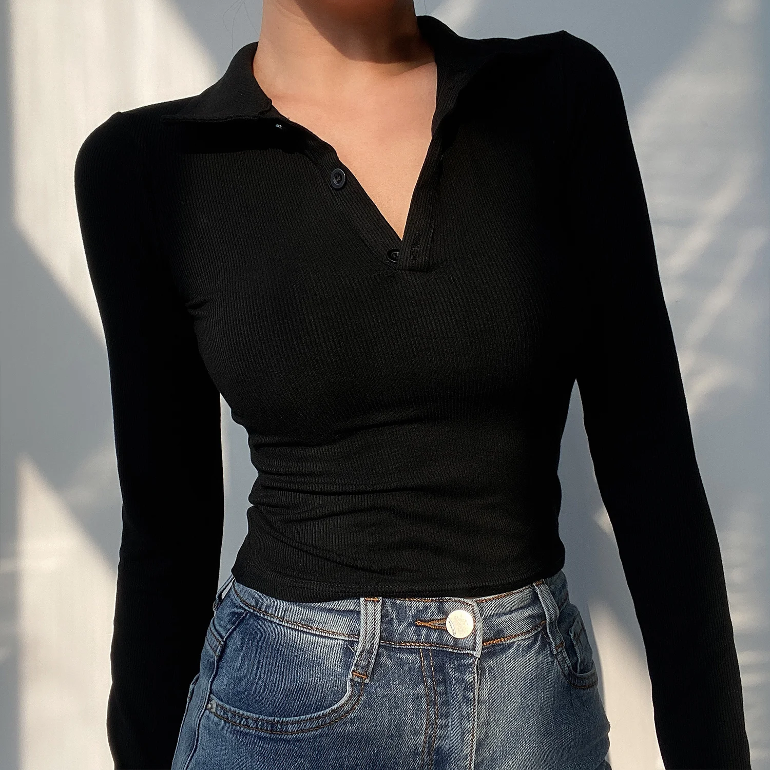 

Women Pullover Beran Simple Lapel Sexy V-neck Slim Thread Short T-Shirt Top Bottom Shirt Forest