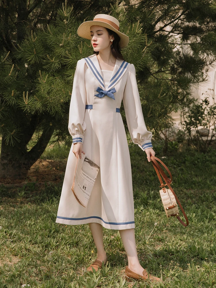 

Original Design Apricot Preppy Style Sailor Collar Women Dress Vintage Bow Long Sleeve Elegant Lady Dresses Vestido Festa