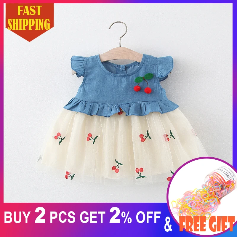 Платья для маленьких девочек 2020 летнее джинсовое платье в горошек с карманами