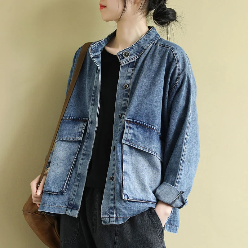 

New Arrival Spring Korea Fashion Women Long Sleeve Loose Vintage Denim Jecket Big Pocket Stand Collar Casual Short Coat S817