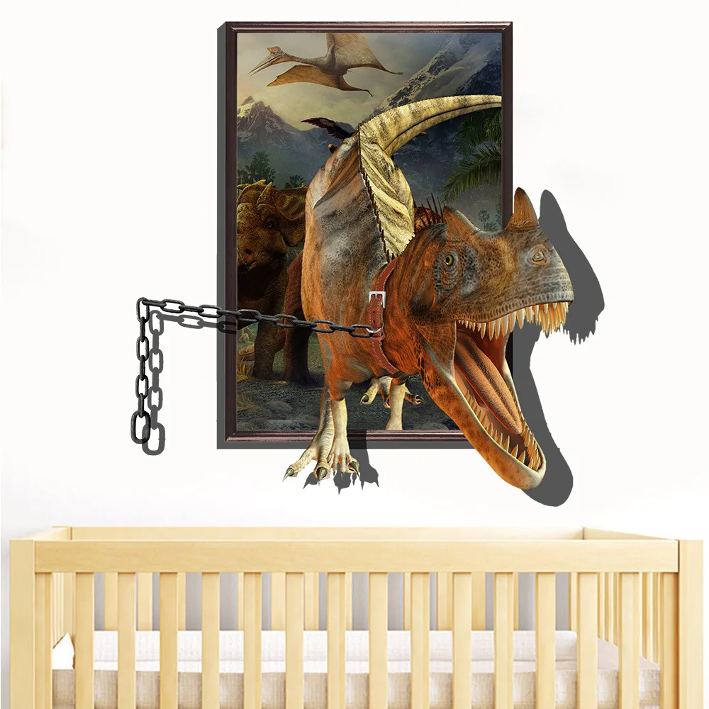 

New 3D Window Broken Wall Iron Chain Flying Dinosaur Wall Sticker Living Room Bedroom Children's Room Background Wall Decoration