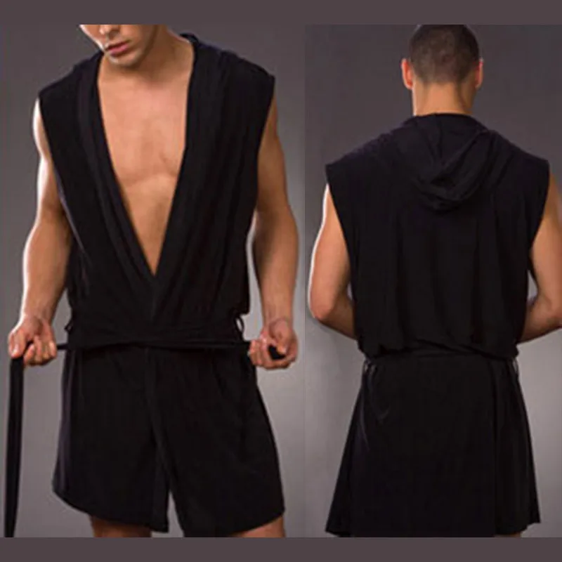New Men Sexy Bath Robe Hooded Pajamas Sleepwear Superthin Smooth Bathing Gown Comfortable Home Tops Wear Sleepwear S-4XL