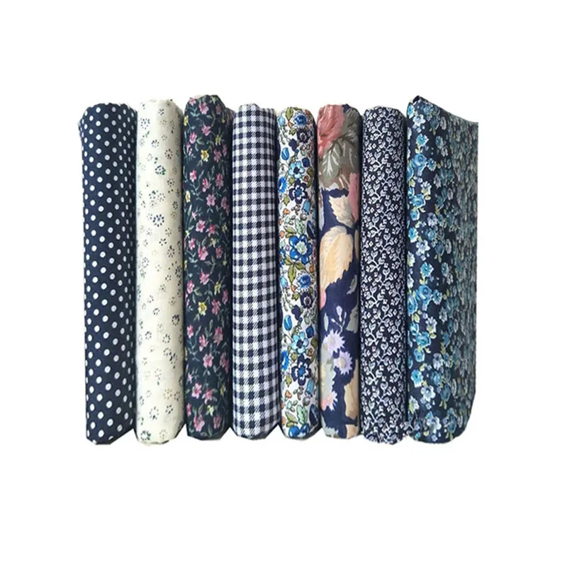 8 шт. ткани в горошек темно синего цвета с цветочным принтом 25x25 см для лоскутного