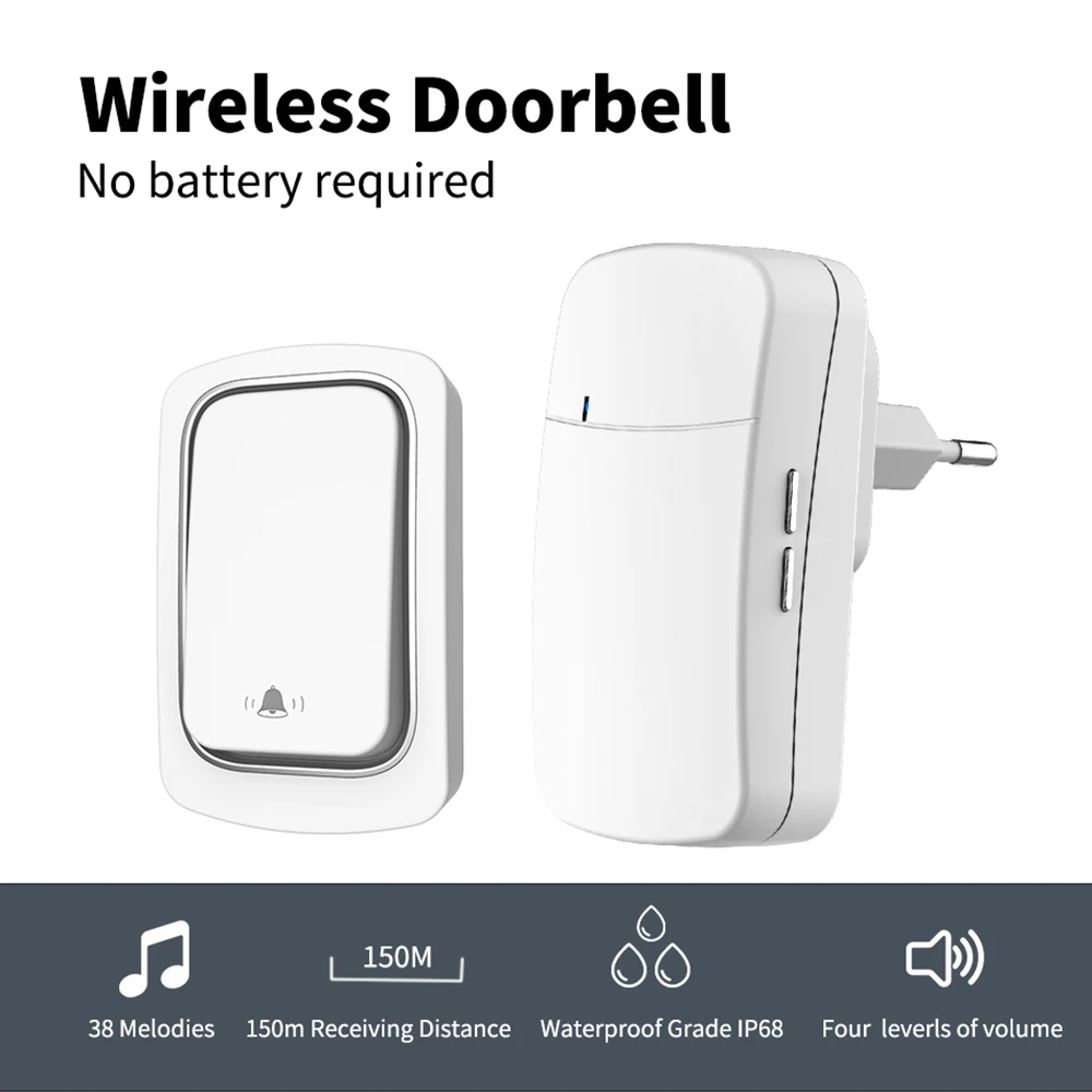 

Wireless Doorbell No Battery Required Waterproof Self-Powered Door Bell Sets Home Outdoor Kinetic Ring Chime Doorbell